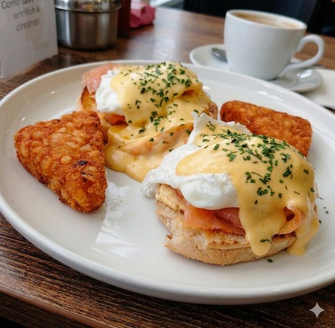 Smoked salmon eggs Benedict with hash browns and a cup of coffee