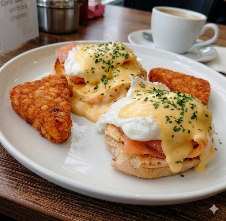 Eggs Benedict with smoked salmon, hollandaise and two hash browns, coffee behind